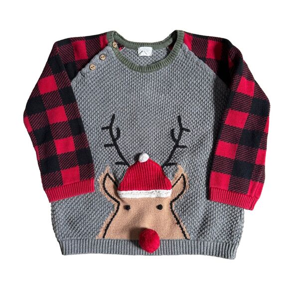 MudPie gray reindeer sweater kids 4T-5T buffalo plaid Christmas holiday cozy - Picture 1 of 8
